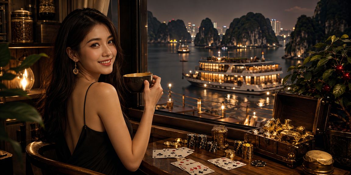 Người chơi thưởng thức game bài trực tuyến với view Vịnh Hạ Long
