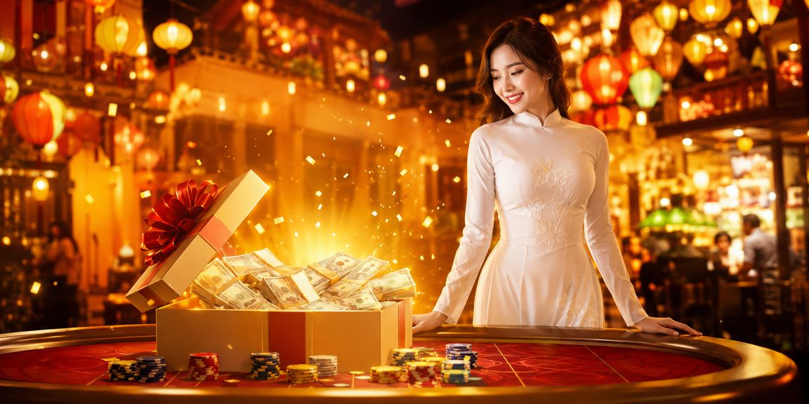 Khung cảnh casino tại Hội An về đêm với trang phục áo dài truyền thống