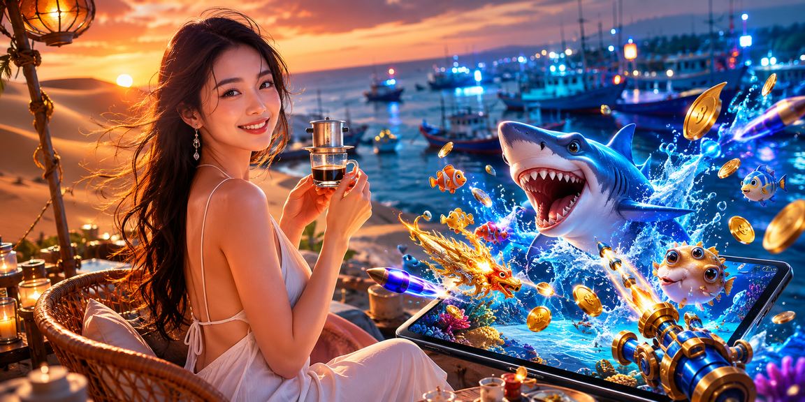 Người dùng tại Mũi Né thư giãn chơi bắn cá trực tuyến bên ly cà phê buổi sáng