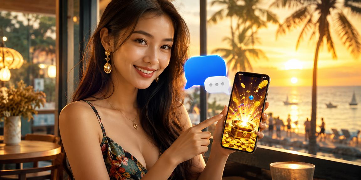 Người dùng kiểm tra ứng dụng casino trên điện thoại tại Phú Quốc bên tách cà phê